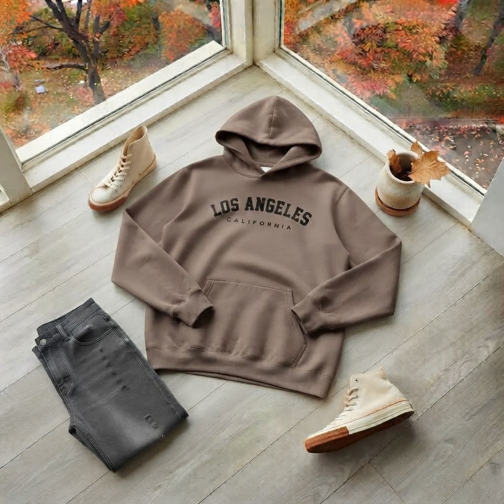 هودی کلاهدار و جیب دار مردانه زنانه مدل Los Angeles-خاکی